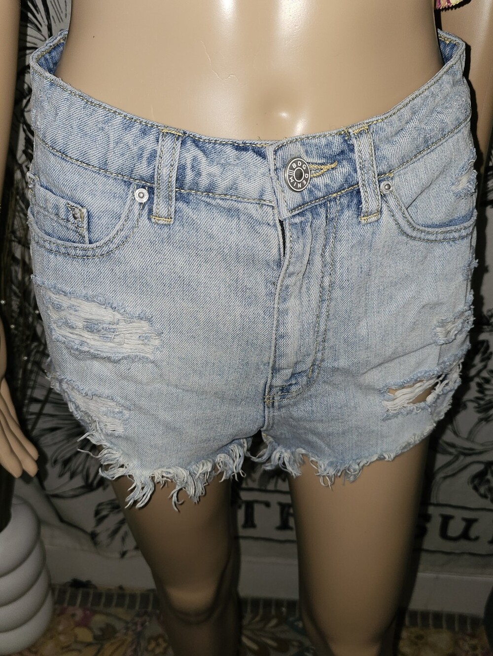BDG Sz 27 Denim Frayed Hem Super High Rise Cheeky Shorts - Blue